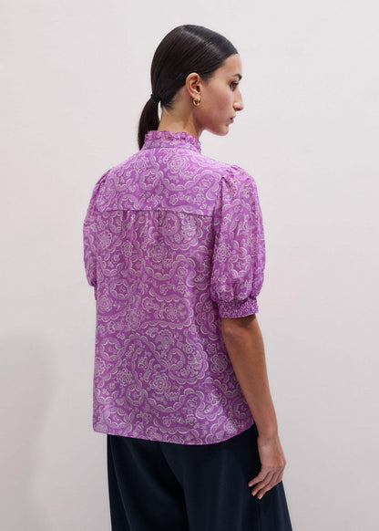Purple Silk Cotton Entangled Lace Print Straight Blouse | ME+EM
