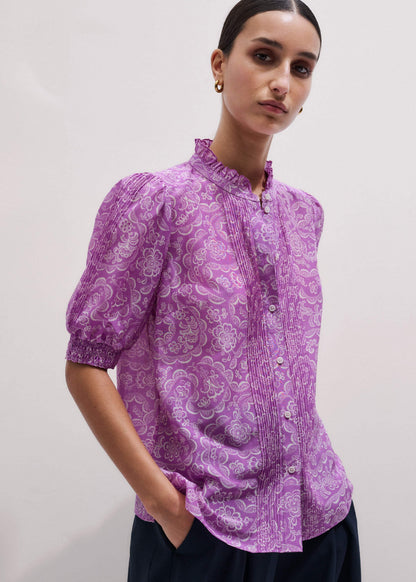Purple Silk Cotton Entangled Lace Print Straight Blouse | ME+EM