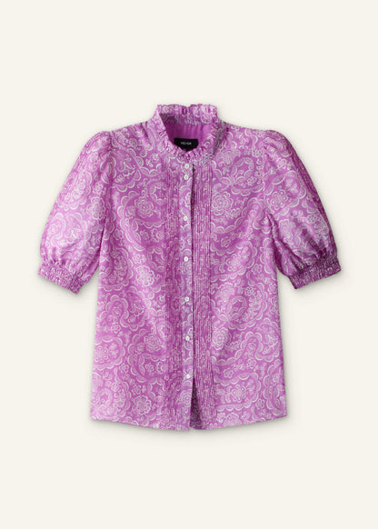 Purple Silk Cotton Entangled Lace Print Straight Blouse | ME+EM