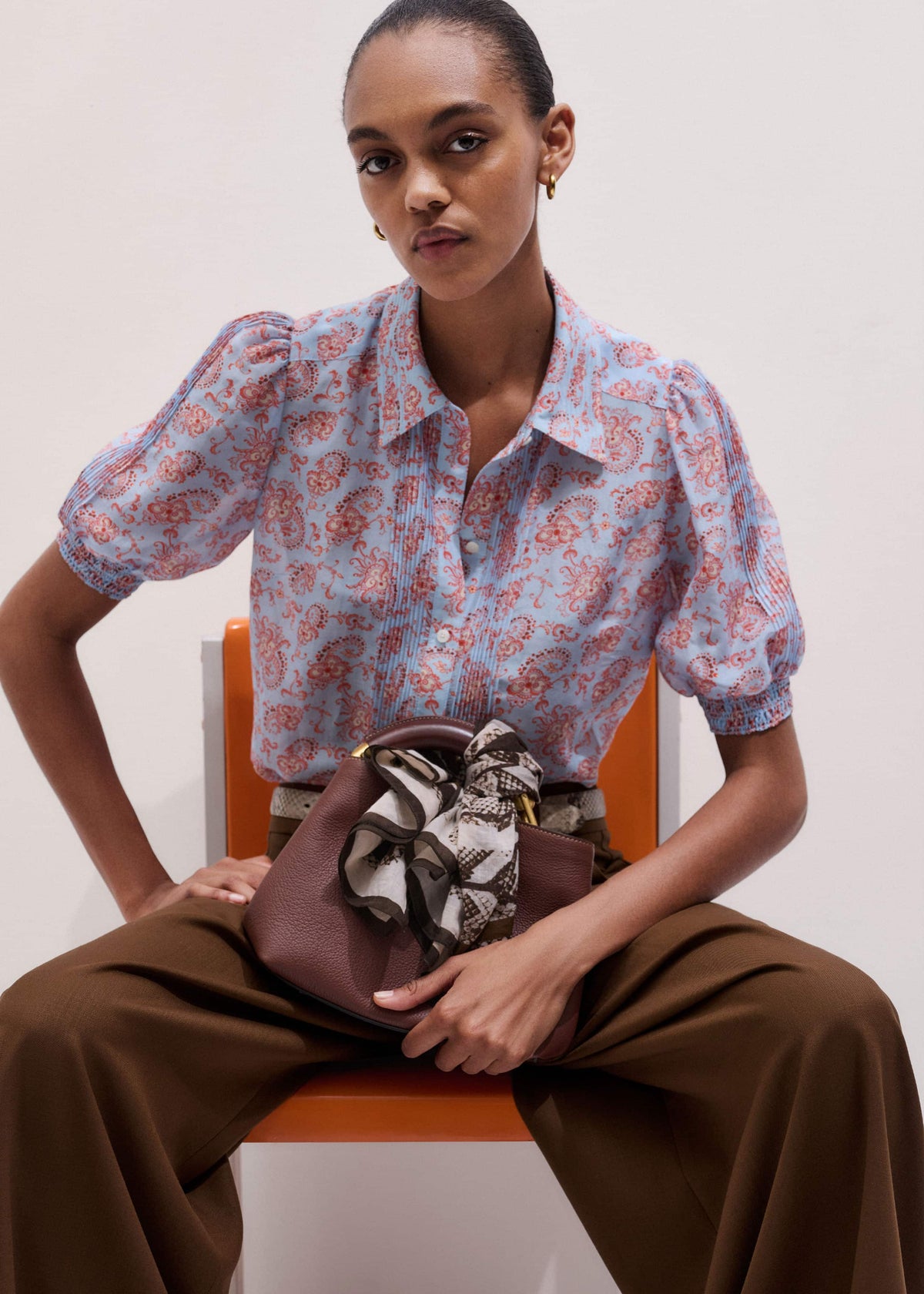 Blue Silk Cotton Gilded Paisley Print Straight Blouse | ME+EM
