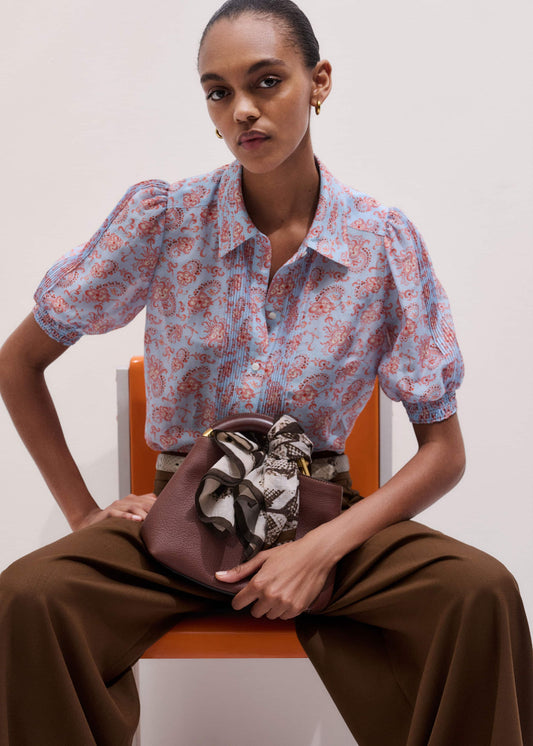Blue Silk Cotton Gilded Paisley Print Straight Blouse | ME+EM