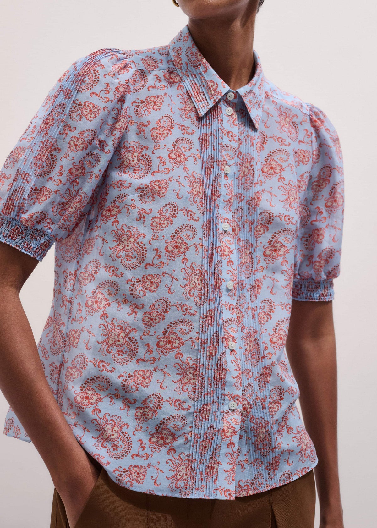 Blue Silk Cotton Gilded Paisley Print Straight Blouse | ME+EM