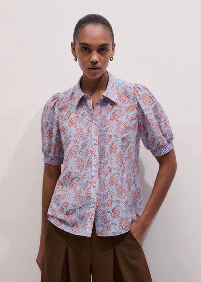 Blue Silk Cotton Gilded Paisley Print Straight Blouse | ME+EM