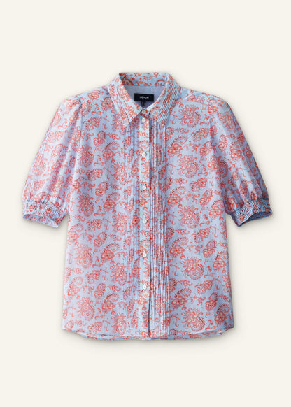 Blue Silk Cotton Gilded Paisley Print Straight Blouse | ME+EM