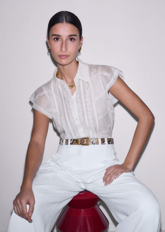 Cream Silk Cotton Embroidery Collar Swing Blouse | ME+EM