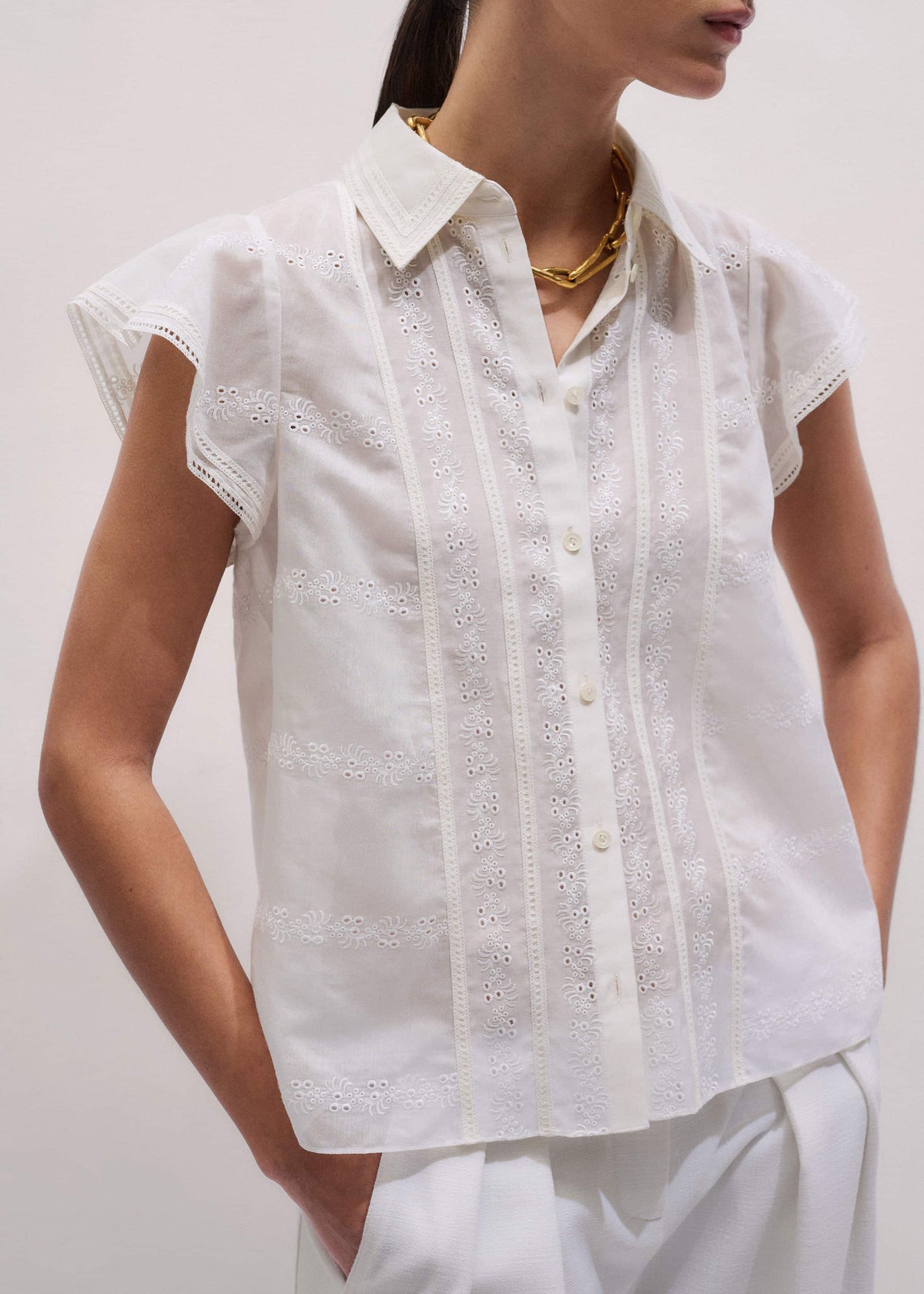 Cream Silk Cotton Embroidery Collar Swing Blouse | ME+EM