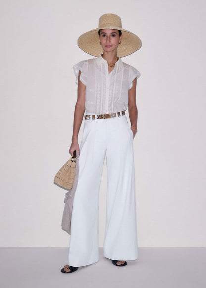 Cream Silk Cotton Embroidery Collar Swing Blouse | ME+EM
