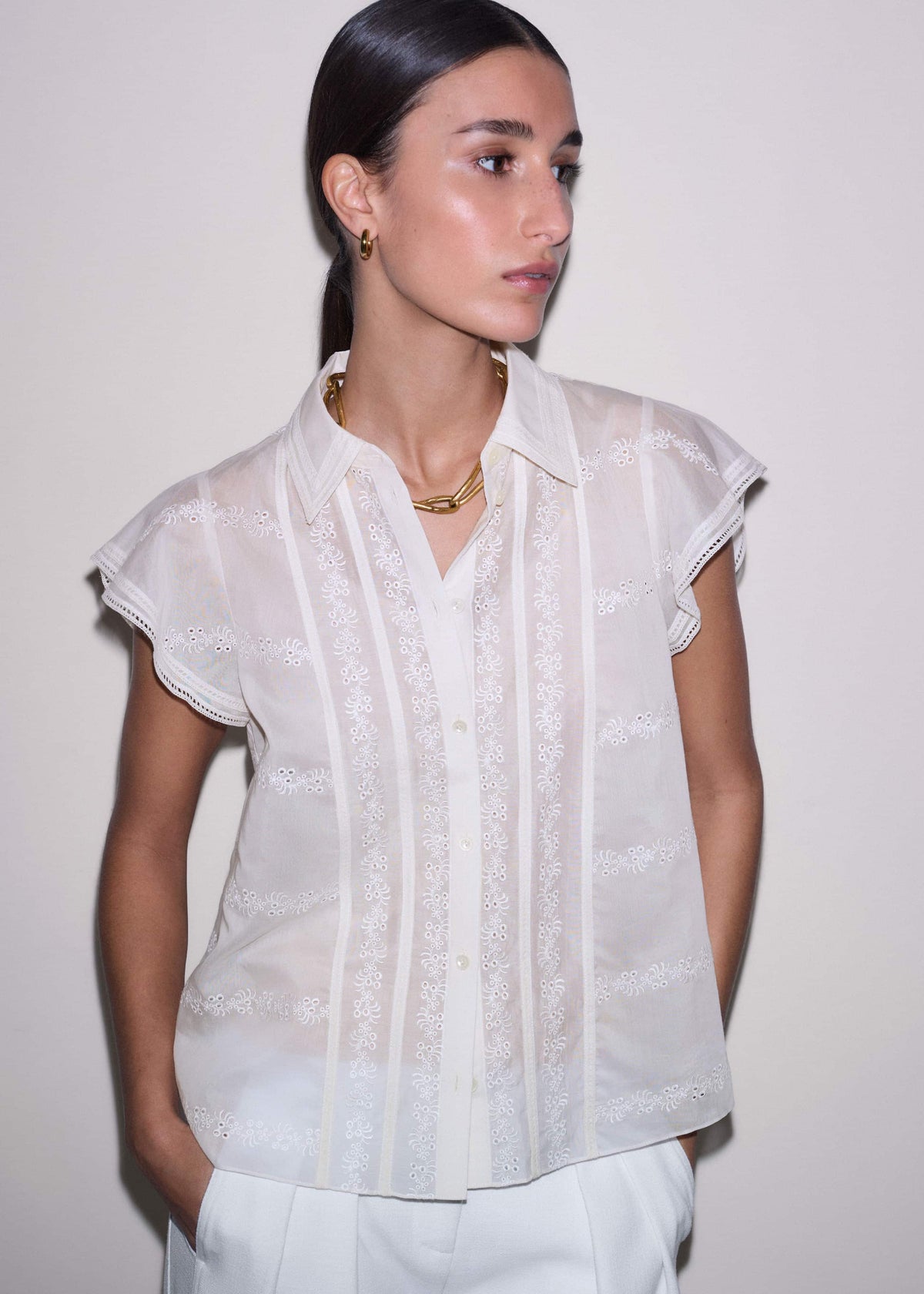 Cream Silk Cotton Embroidery Collar Swing Blouse | ME+EM
