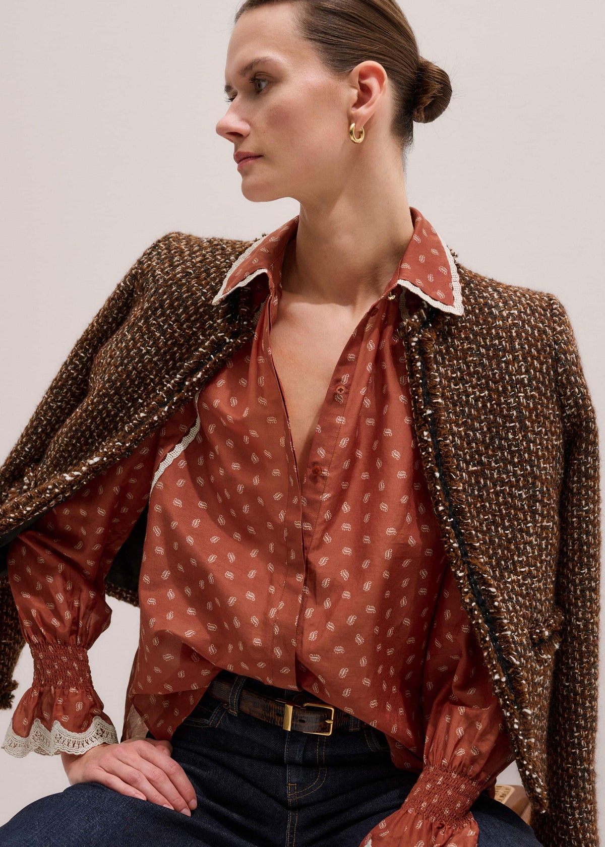 Orange Spaced Paisley Motif Print Blouse | ME+EM