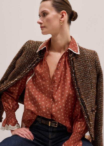 Orange Spaced Paisley Motif Print Blouse | ME+EM
