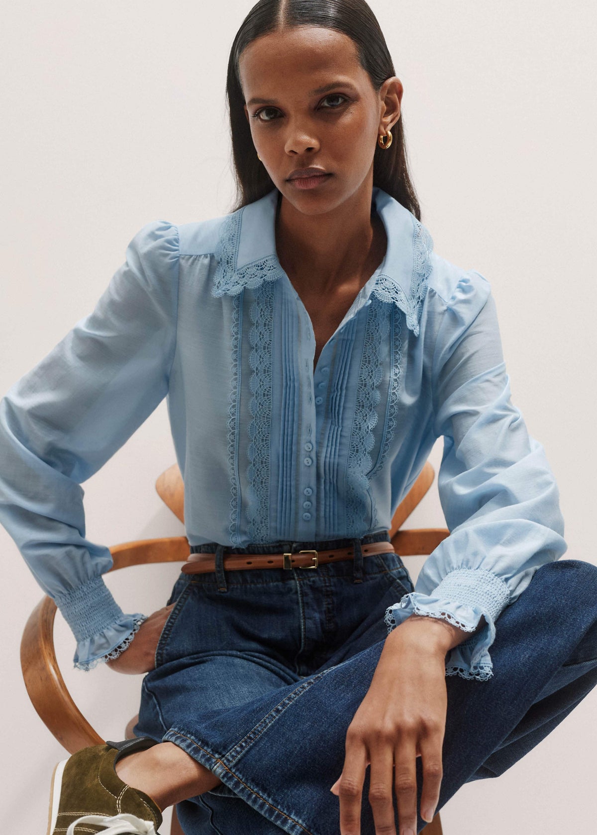 Blue Silk Cotton Lace Trim Straight Blouse | ME+EM