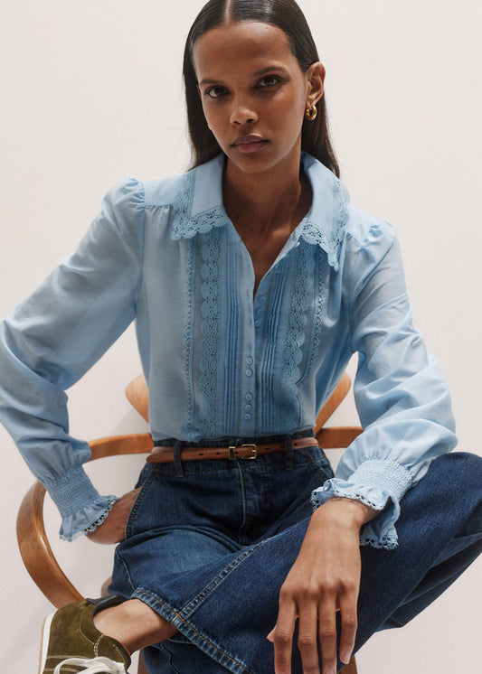 Blue Silk Cotton Lace Trim Straight Blouse | ME+EM