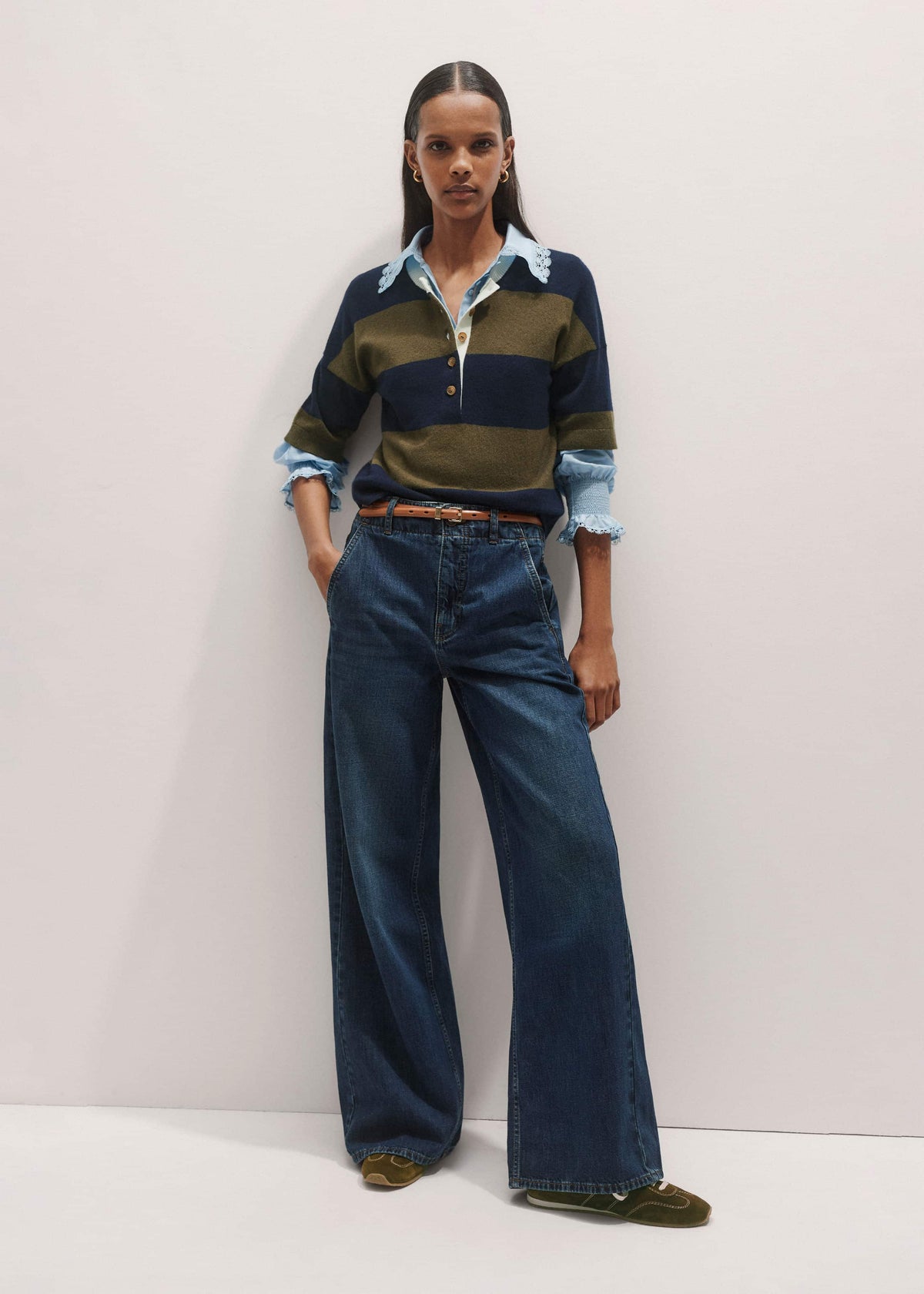 Blue Silk Cotton Lace Trim Straight Blouse | ME+EM