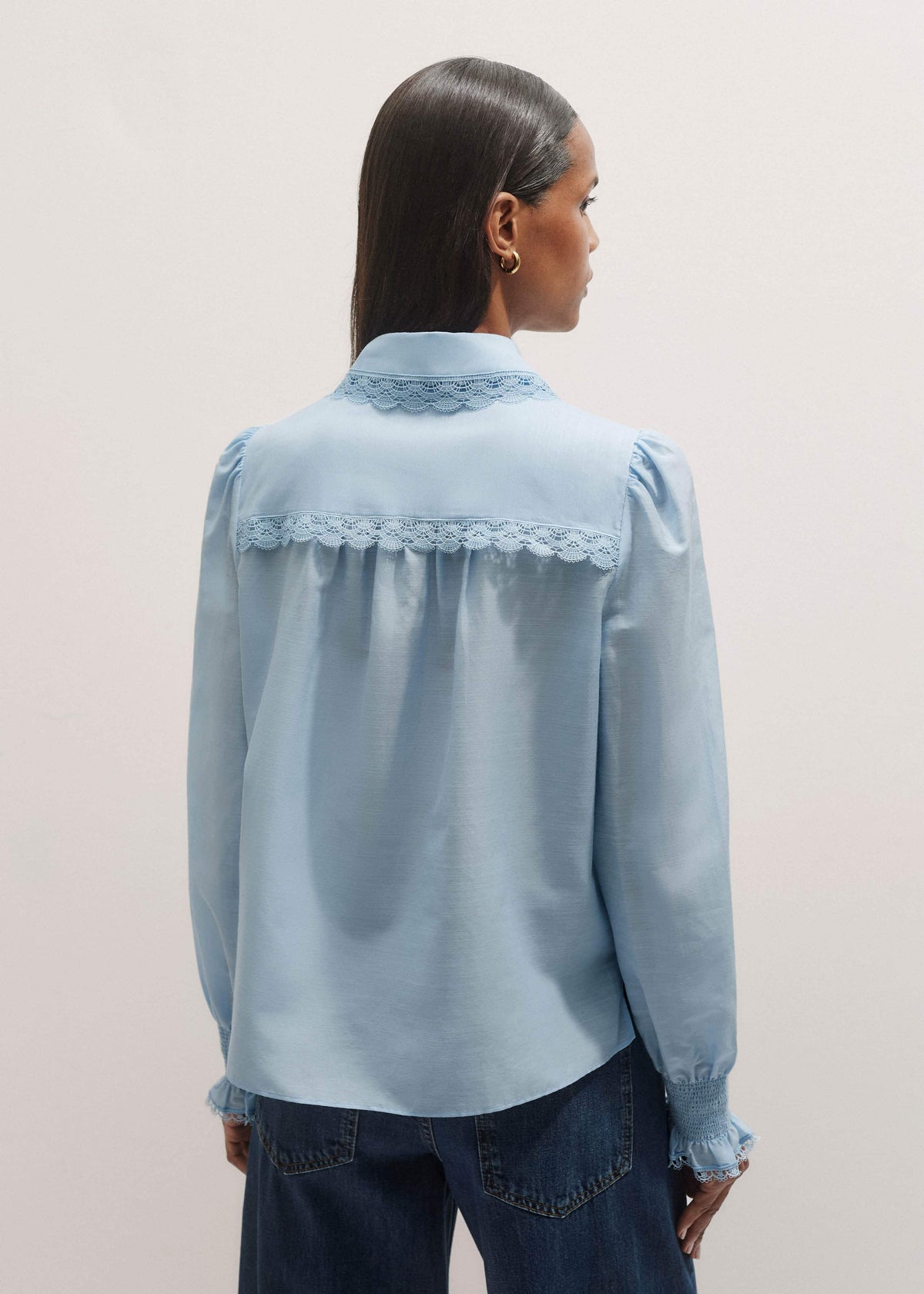 Blue Silk Cotton Lace Trim Straight Blouse | ME+EM