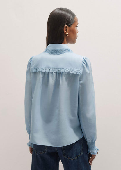 Blue Silk Cotton Lace Trim Straight Blouse | ME+EM