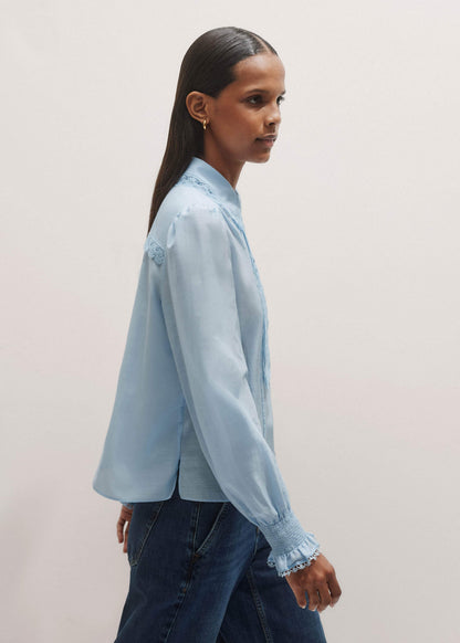 Blue Silk Cotton Lace Trim Straight Blouse | ME+EM