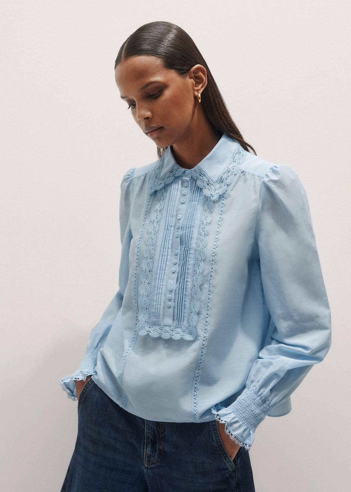 Blue Silk Cotton Lace Trim Straight Blouse | ME+EM