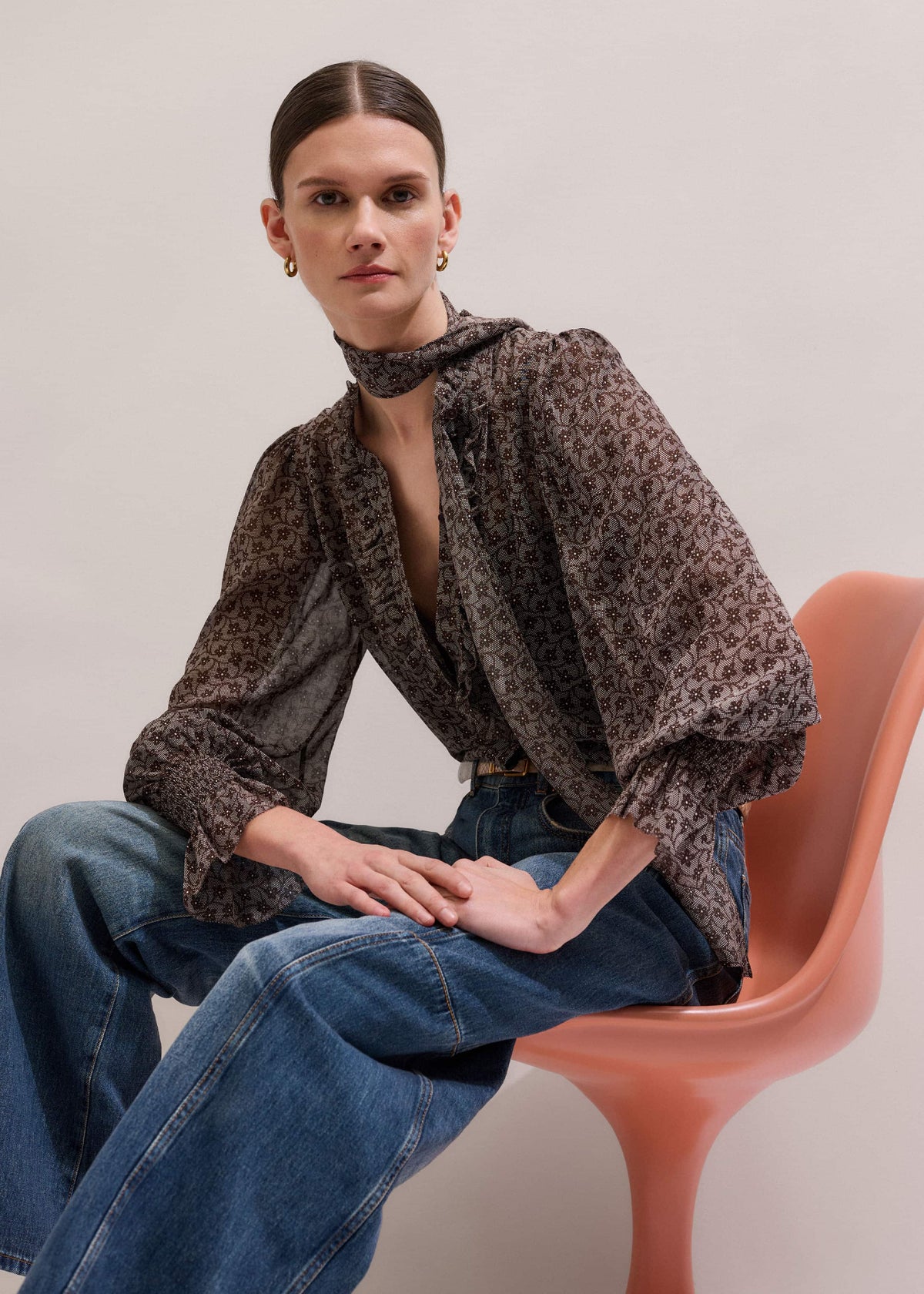 Brown Silk Lace Print Straight In-The-Details Blouse | ME+EM