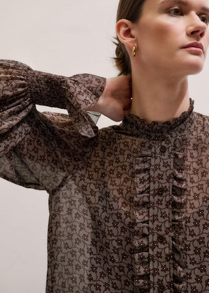 Brown Silk Lace Print Straight In-The-Details Blouse | ME+EM