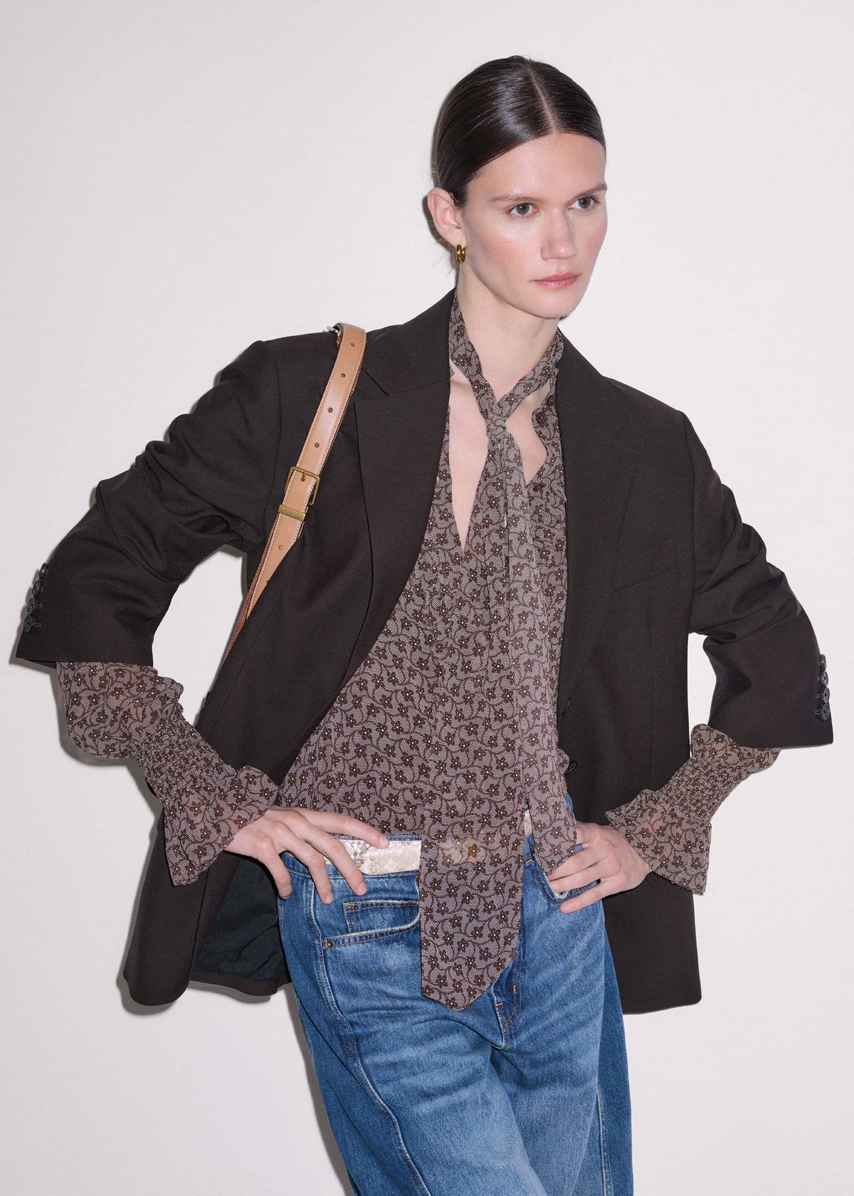 Brown Silk Lace Print Straight In-The-Details Blouse | ME+EM