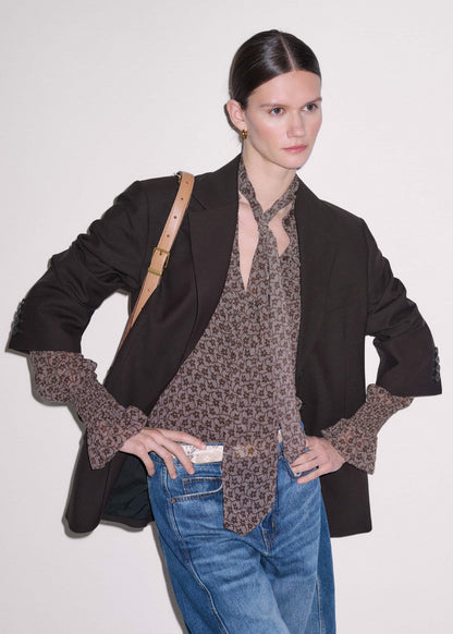 Brown Silk Lace Print Straight In-The-Details Blouse | ME+EM