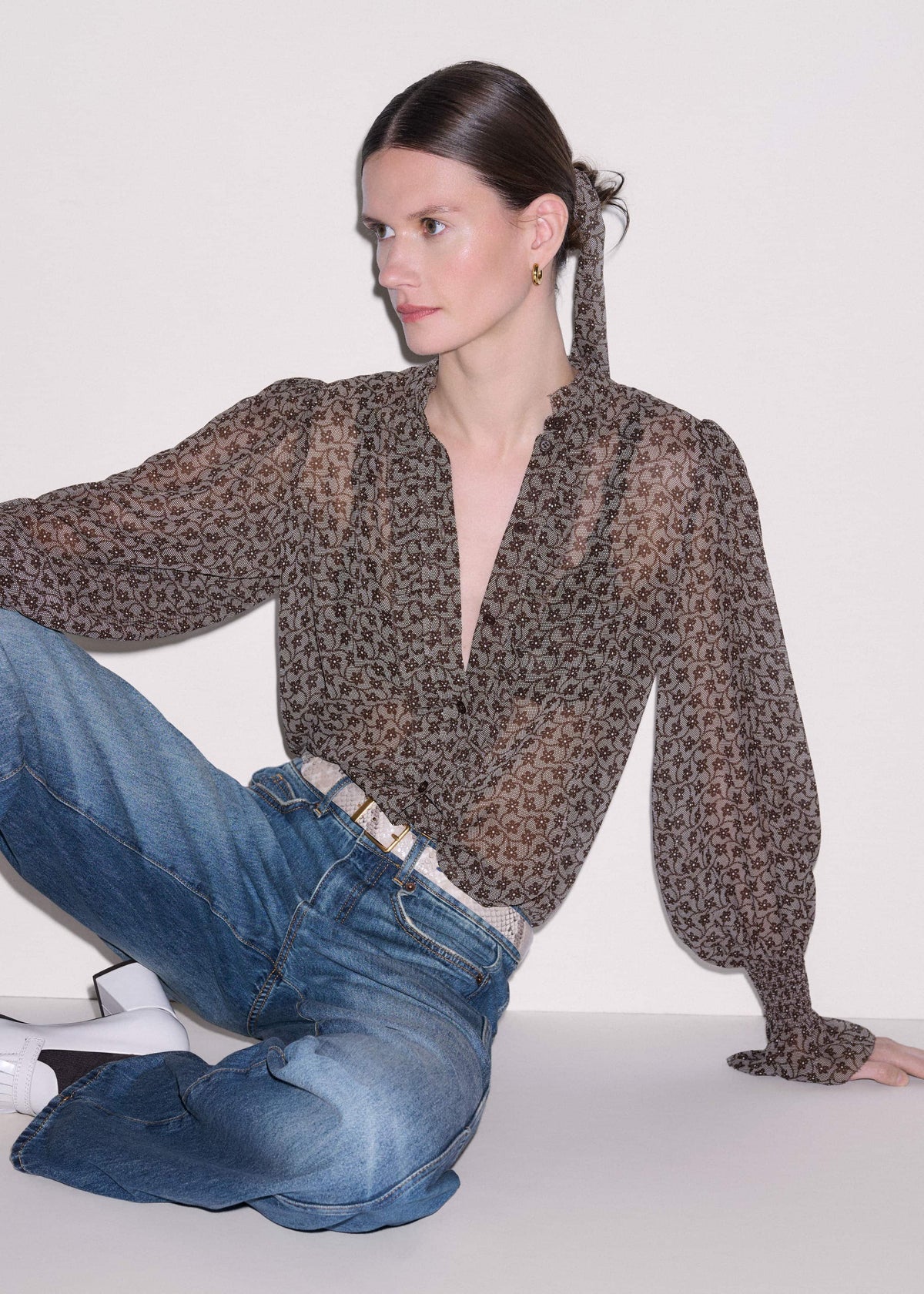 Brown Silk Lace Print Straight In-The-Details Blouse | ME+EM