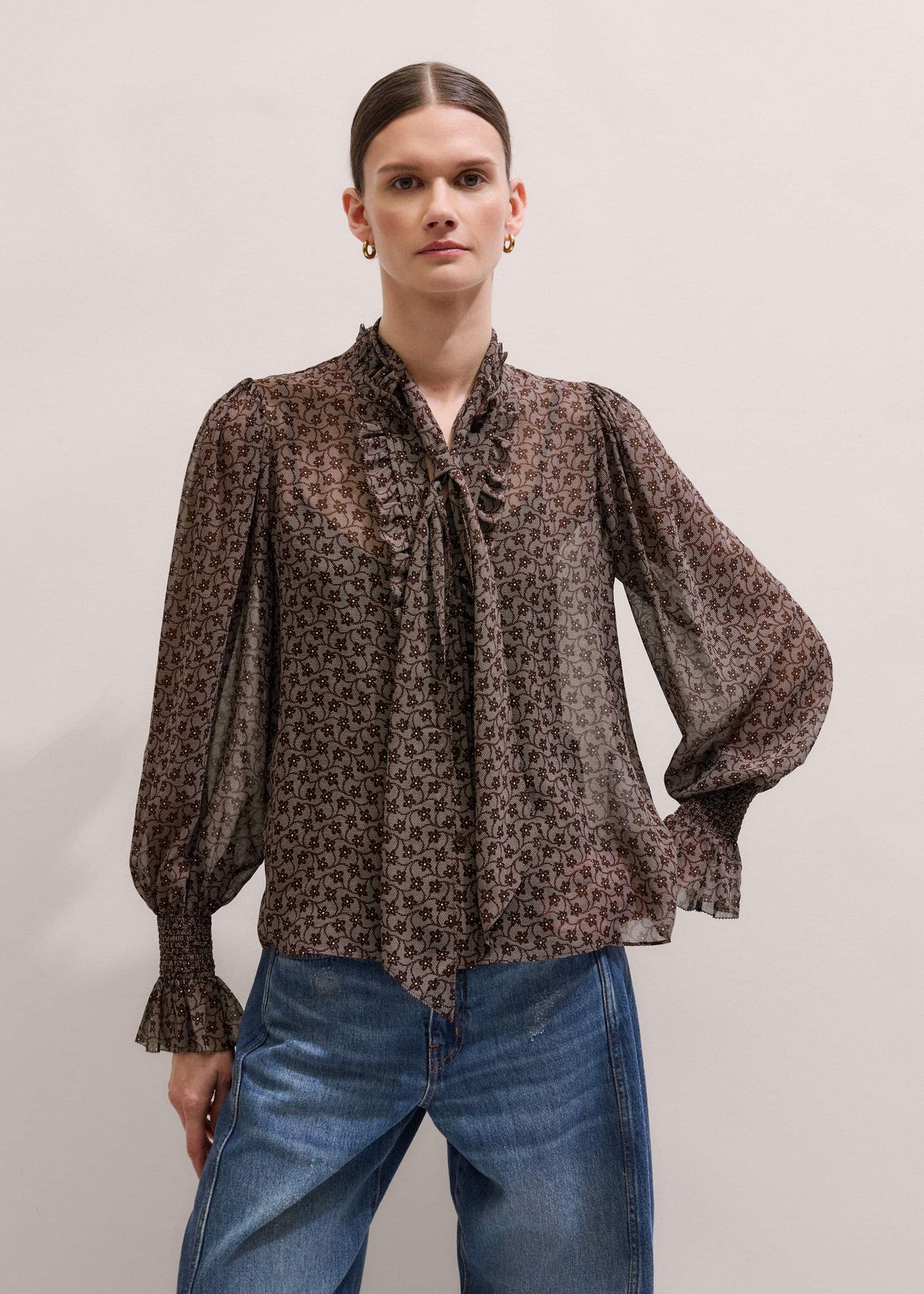 Brown Silk Lace Print Straight In-The-Details Blouse | ME+EM