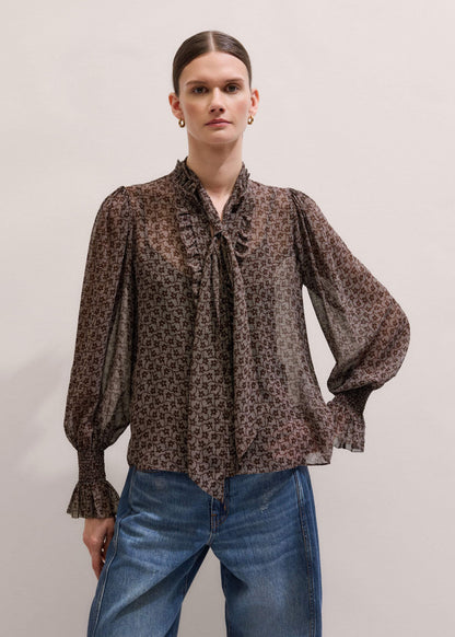 Brown Silk Lace Print Straight In-The-Details Blouse | ME+EM
