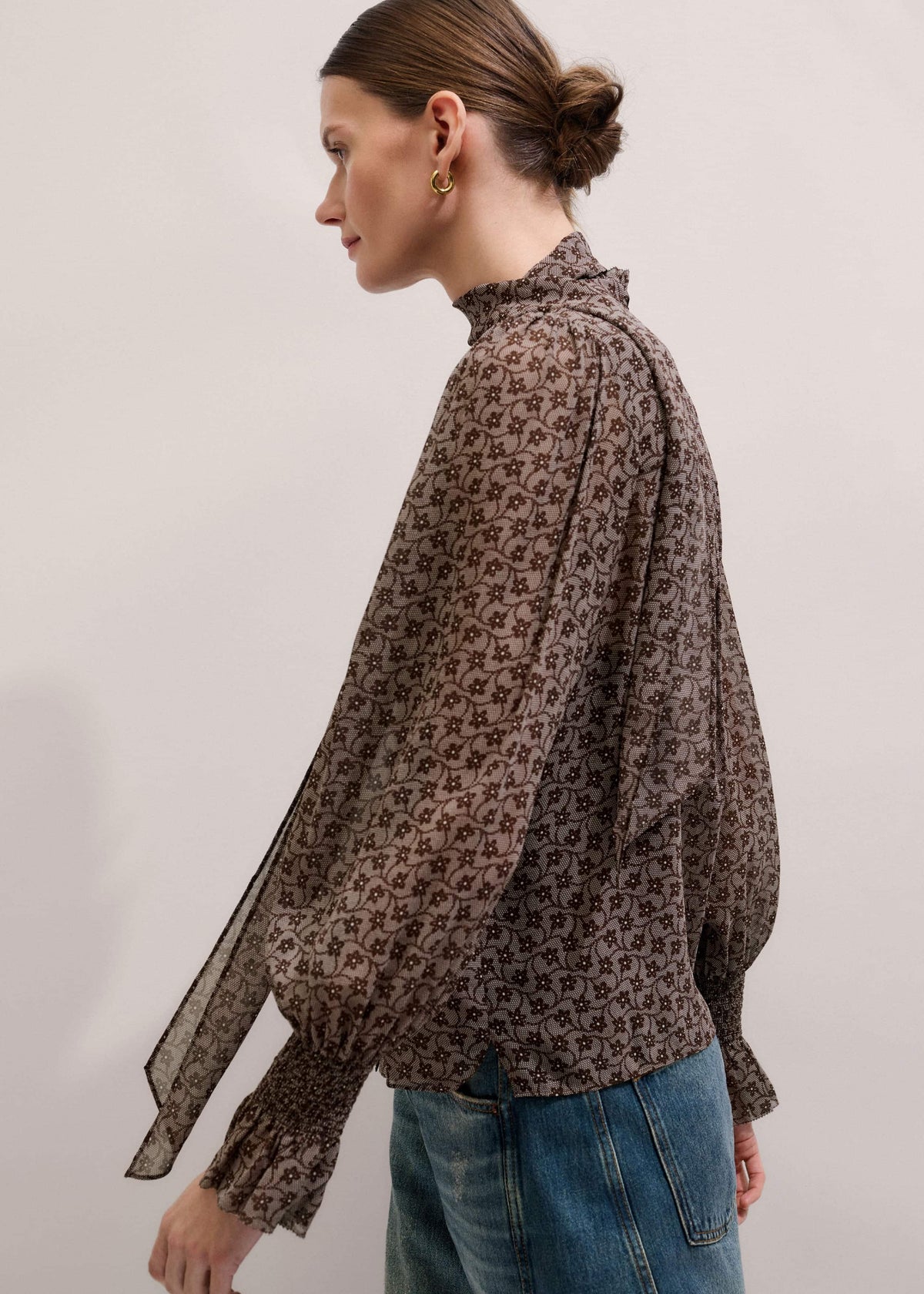 Brown Silk Lace Print Straight In-The-Details Blouse | ME+EM