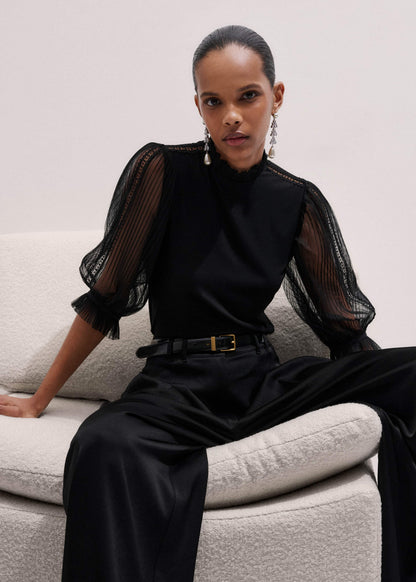 Black Lace Insert Tulle Layering Blouse | ME+EM