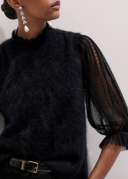 Black Lace Insert Tulle Layering Blouse | ME+EM