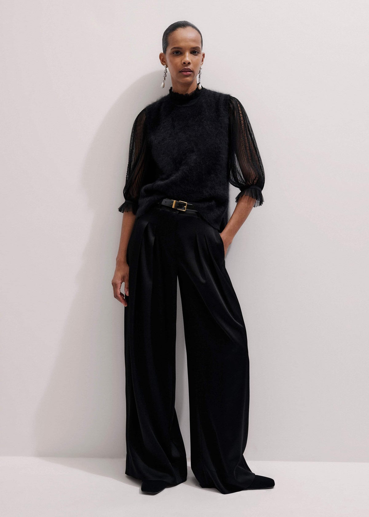 Black Lace Insert Tulle Layering Blouse | ME+EM