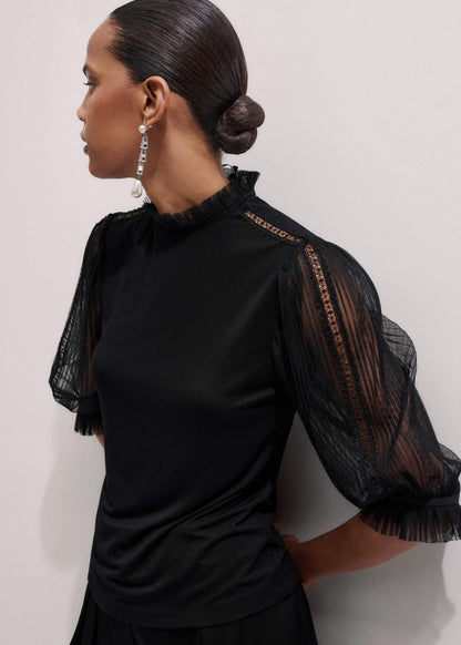 Black Lace Insert Tulle Layering Blouse | ME+EM