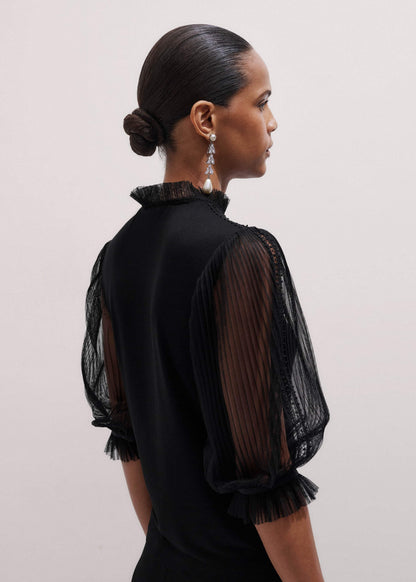 Black Lace Insert Tulle Layering Blouse | ME+EM