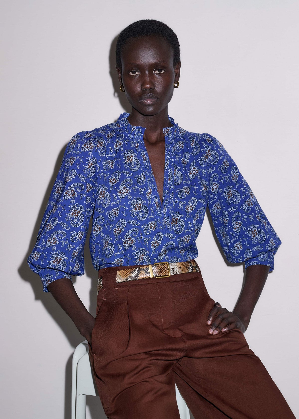Blue Paisley Print Straight Blouse | ME+EM