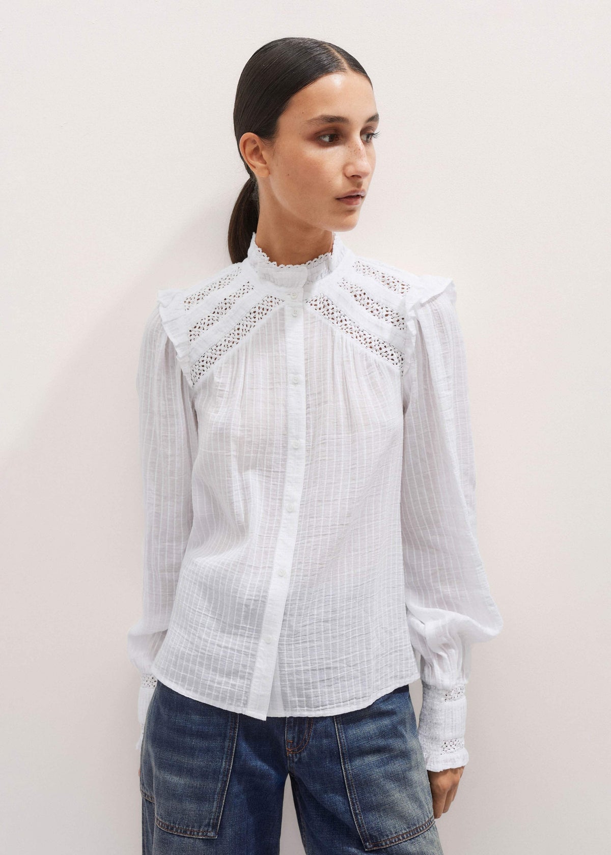 White Cotton + Lace Trim Blouse | ME+EM
