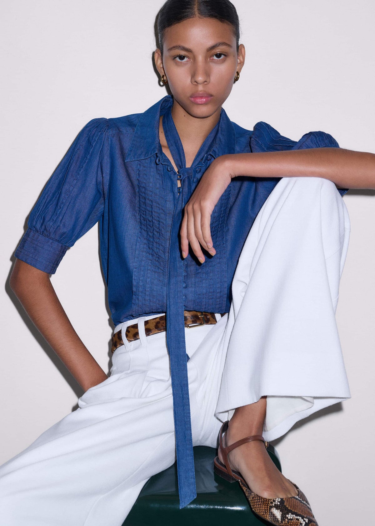 Blue Chambray Pintucked Short Sleeve Blouse + Tie | ME+EM