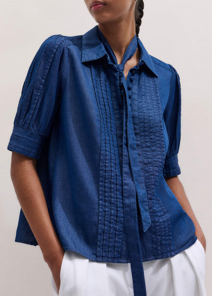 Blue Chambray Pintucked Short Sleeve Blouse + Tie | ME+EM