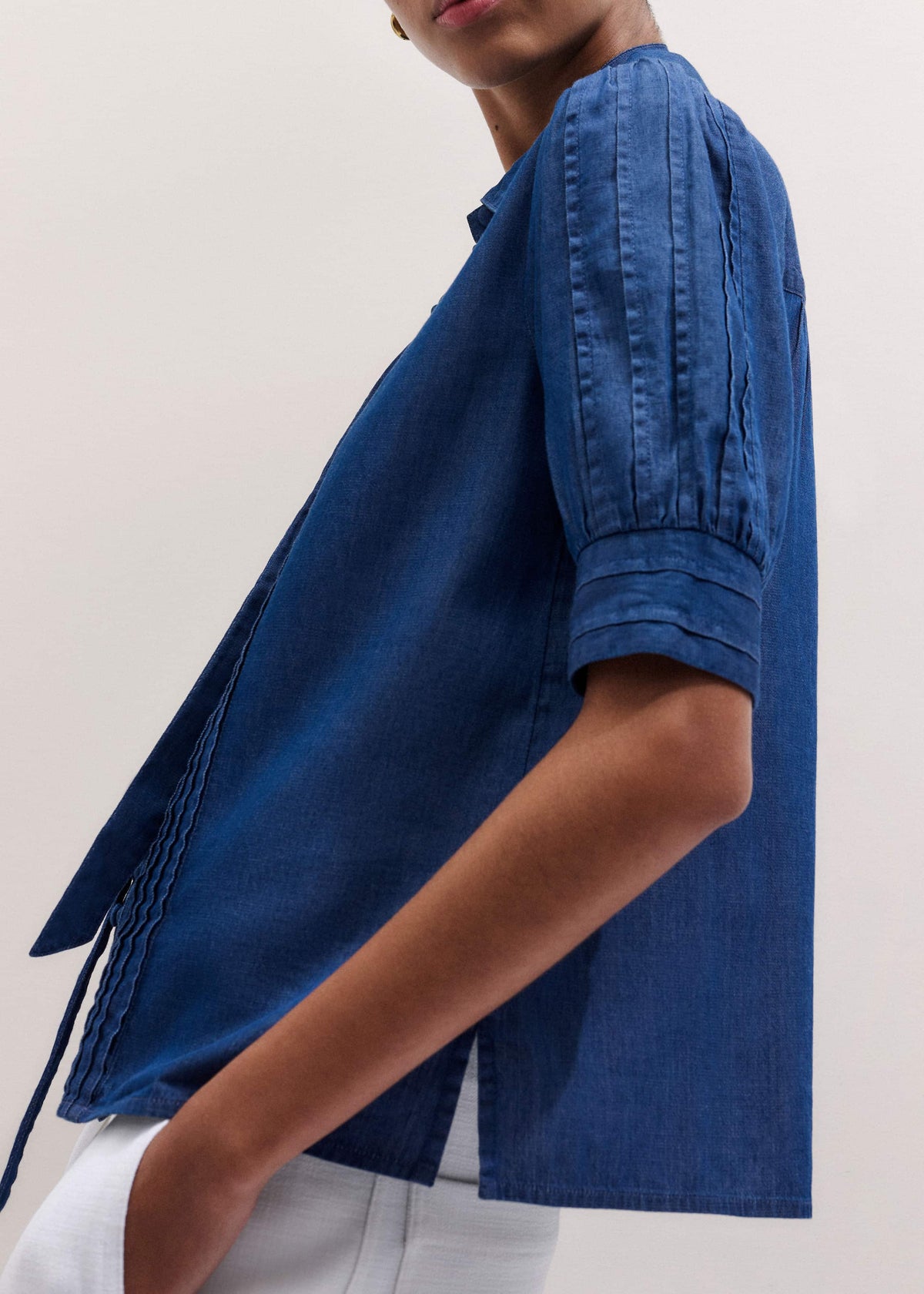 Blue Chambray Pintucked Short Sleeve Blouse + Tie | ME+EM