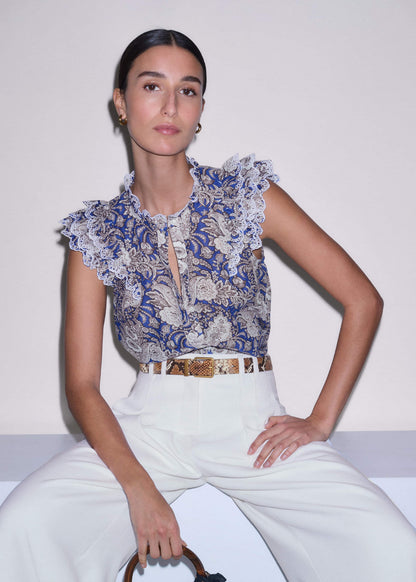 Blue Elaborate Botanical Print Ruffle Straight Blouse | ME+EM