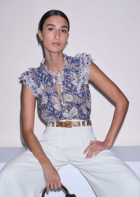 Blue Elaborate Botanical Print Ruffle Straight Blouse | ME+EM
