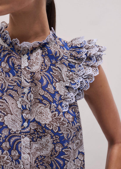 Blue Elaborate Botanical Print Ruffle Straight Blouse | ME+EM