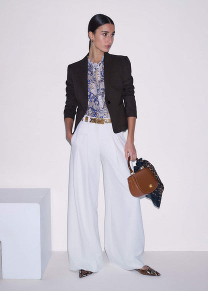 Blue Elaborate Botanical Print Ruffle Straight Blouse | ME+EM