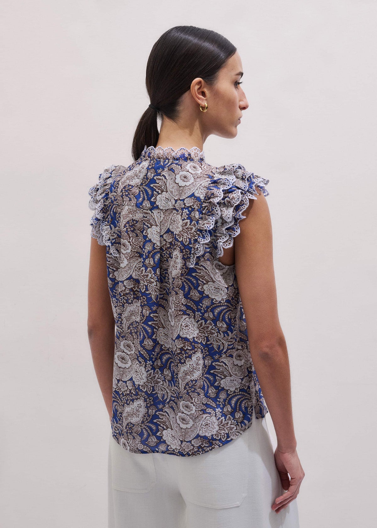 Blue Elaborate Botanical Print Ruffle Straight Blouse | ME+EM