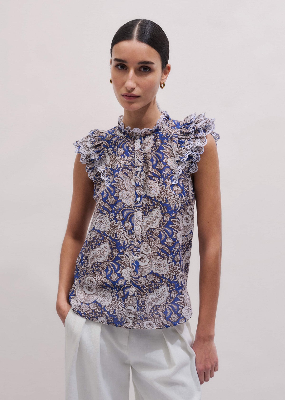 Blue Elaborate Botanical Print Ruffle Straight Blouse | ME+EM