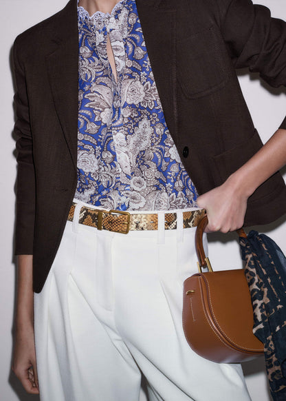 Blue Elaborate Botanical Print Ruffle Straight Blouse | ME+EM