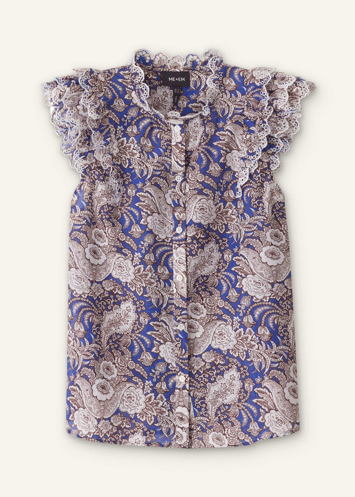 Blue Elaborate Botanical Print Ruffle Straight Blouse | ME+EM