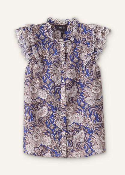 Blue Elaborate Botanical Print Ruffle Straight Blouse | ME+EM