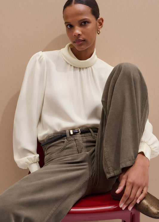 Cream Silk High Neck Slim Cut Blouse | ME+EM