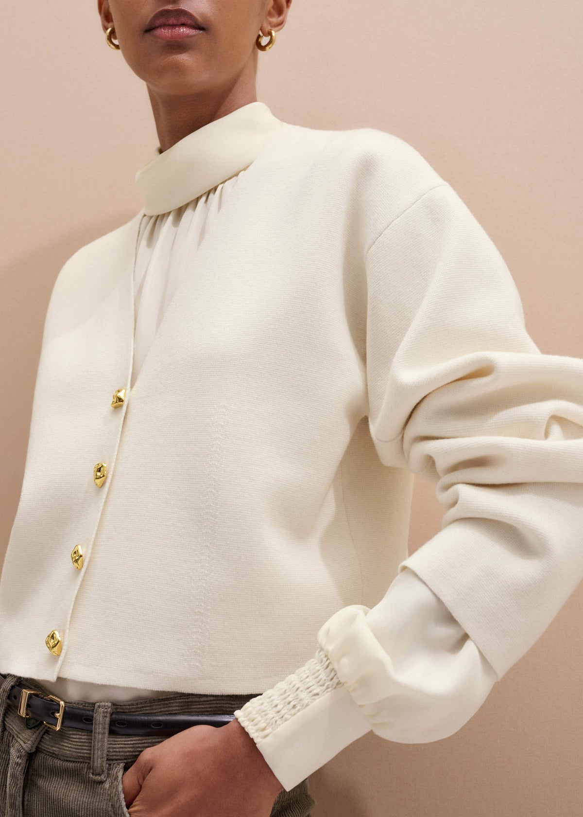 Cream Silk High Neck Slim Cut Blouse | ME+EM